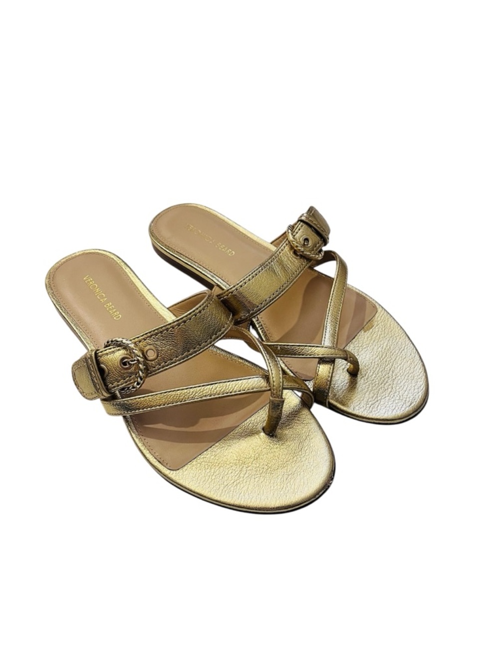 Veronica Beard Salva Metallic Gold Slide Sandals 7.5 Leather Buckle Thong Flat
